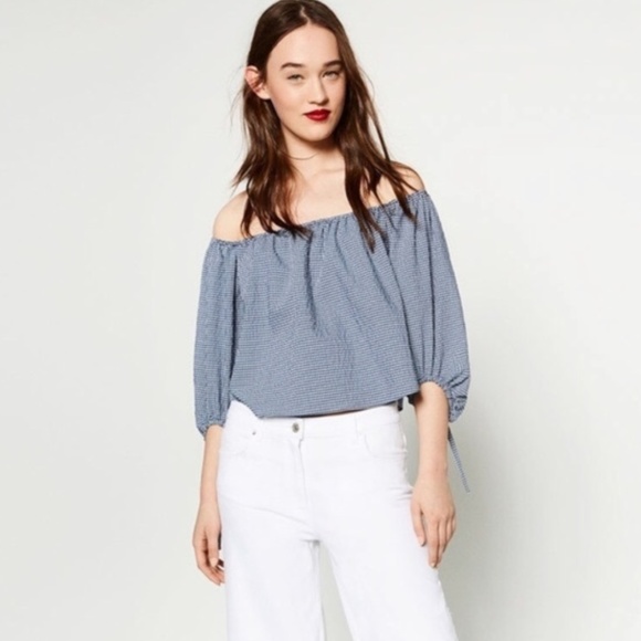 🧺Zara Gingham Blue White Seersucker Off Shoulder - Picture 3 of 8